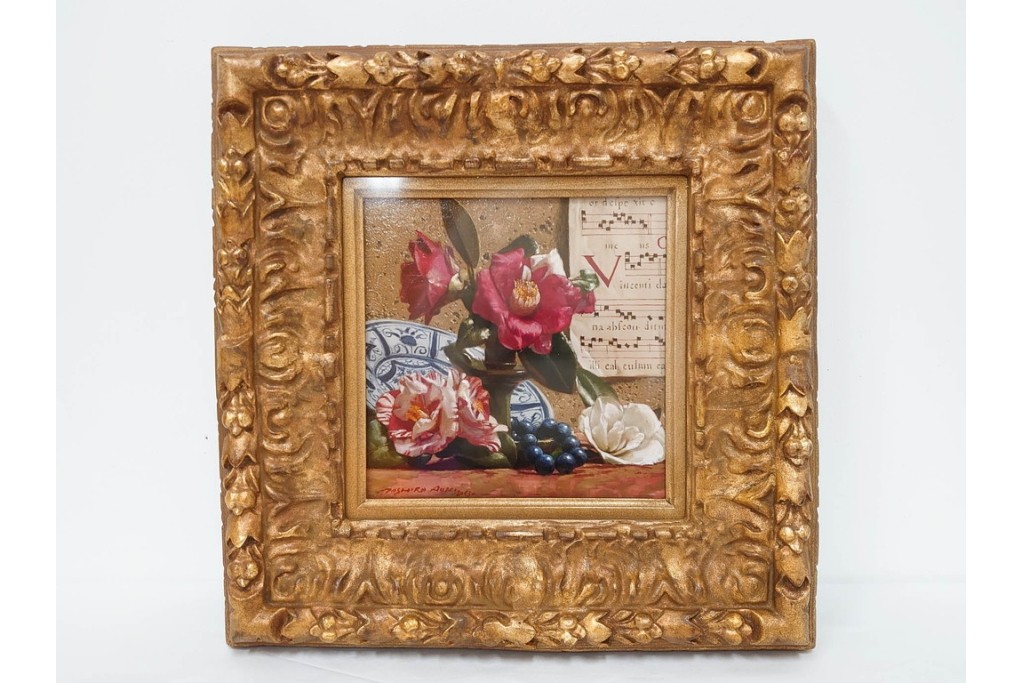 真作　青木敏郎　「椿と楽譜」　油彩画　SM(S)サイズ　定価約189万円　外箱付き　(R-086372)