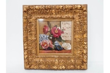 真作　青木敏郎　「椿と楽譜」　油彩画　SM(S)サイズ　定価約189万円　外箱付き　(R-086372)