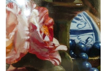 真作　青木敏郎　「椿と楽譜」　油彩画　SM(S)サイズ　定価約189万円　外箱付き　(R-086372)