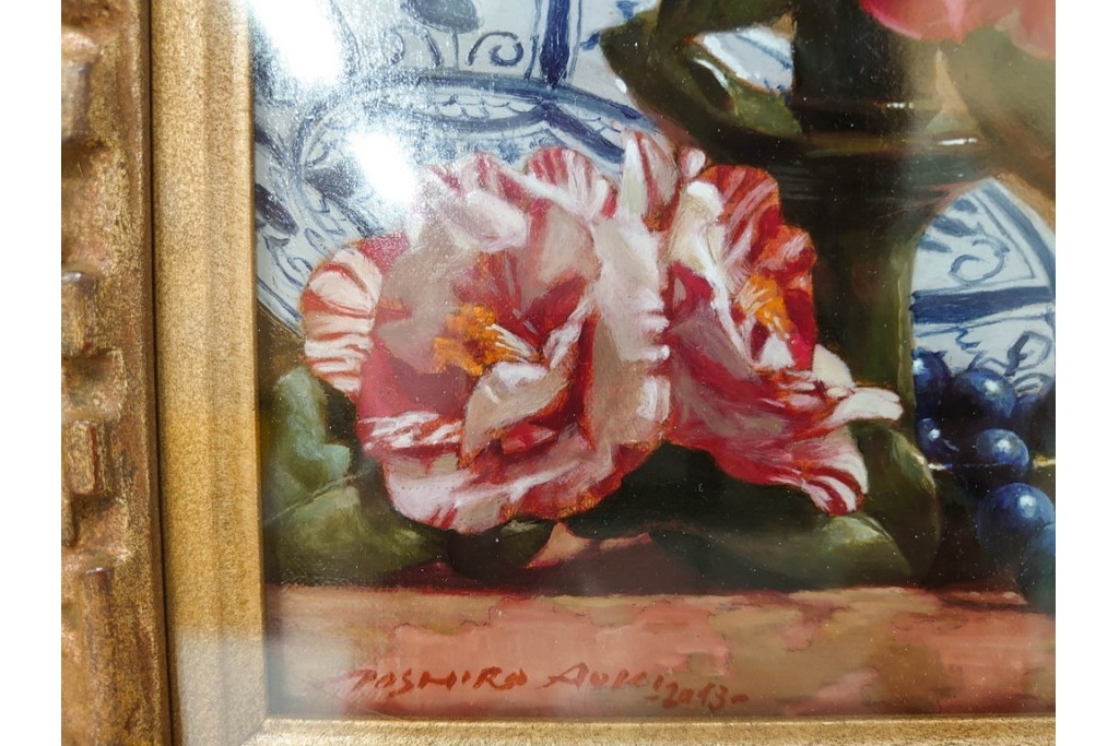 真作　青木敏郎　「椿と楽譜」　油彩画　SM(S)サイズ　定価約189万円　外箱付き　(R-086372)