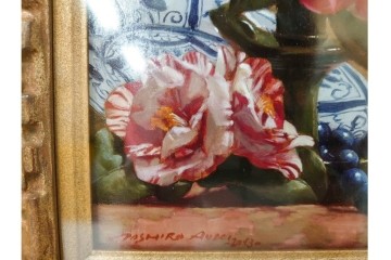 真作　青木敏郎　「椿と楽譜」　油彩画　SM(S)サイズ　定価約189万円　外箱付き　(R-086372)