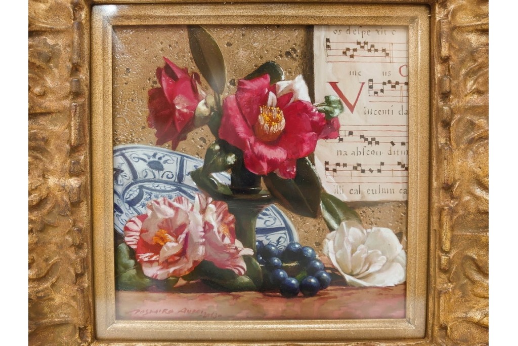 真作　青木敏郎　「椿と楽譜」　油彩画　SM(S)サイズ　定価約189万円　外箱付き　(R-086372)