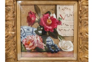 真作　青木敏郎　「椿と楽譜」　油彩画　SM(S)サイズ　定価約189万円　外箱付き　(R-086372)