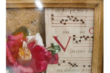 真作　青木敏郎　「椿と楽譜」　油彩画　SM(S)サイズ　定価約189万円　外箱付き　(R-086372)