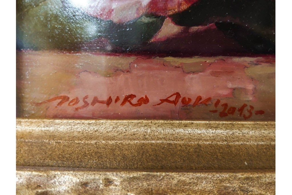 真作　青木敏郎　「椿と楽譜」　油彩画　SM(S)サイズ　定価約189万円　外箱付き　(R-086372)