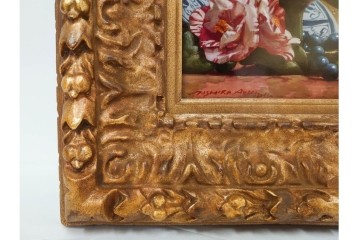 真作　青木敏郎　「椿と楽譜」　油彩画　SM(S)サイズ　定価約189万円　外箱付き　(R-086372)