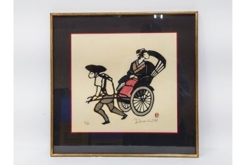 真作　サイン入り　森義利　5/50　人力車の情景を描いた合羽摺版画　(R-086377)