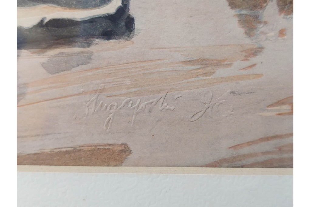 真作　林重義　水彩画　「海辺の人々」　外箱付き　(R-086378)