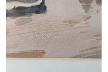 真作　林重義　水彩画　「海辺の人々」　外箱付き　(R-086378)