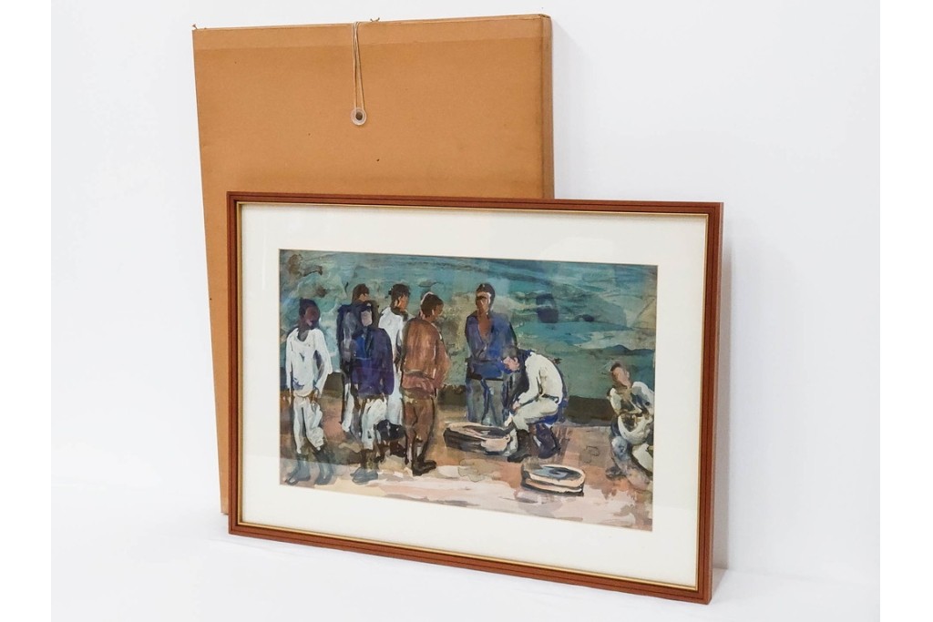 真作　林重義　水彩画　「海辺の人々」　外箱付き　(R-086378)