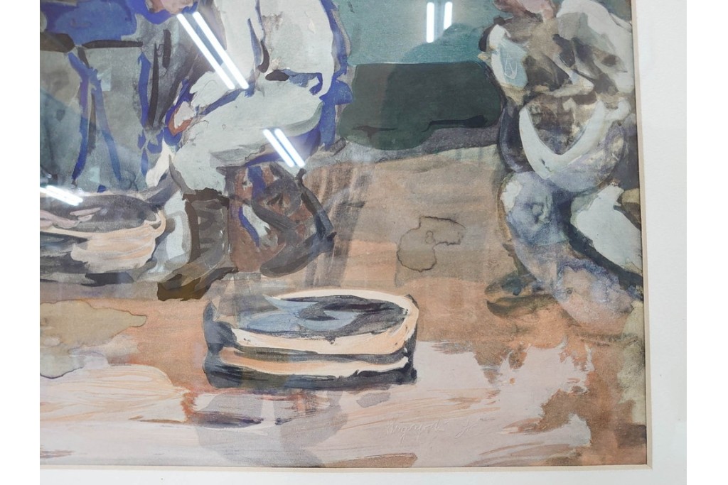 真作　林重義　水彩画　「海辺の人々」　外箱付き　(R-086378)