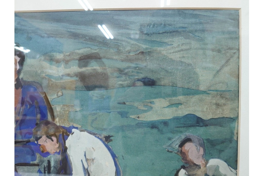 真作　林重義　水彩画　「海辺の人々」　外箱付き　(R-086378)