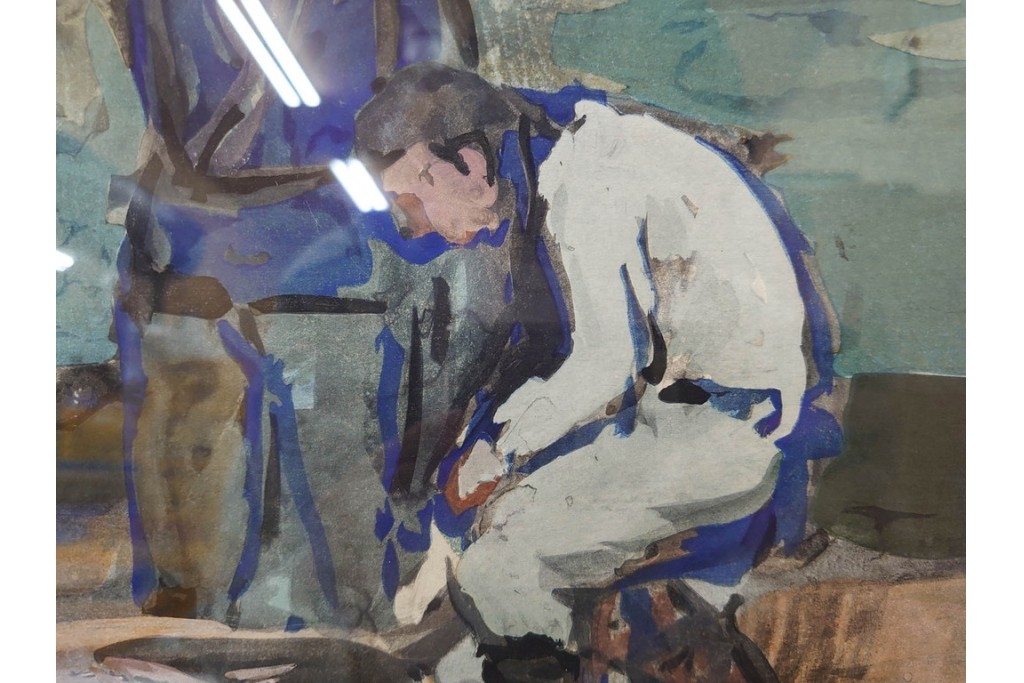 真作　林重義　水彩画　「海辺の人々」　外箱付き　(R-086378)