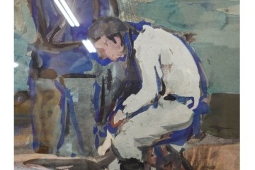 真作　林重義　水彩画　「海辺の人々」　外箱付き　(R-086378)