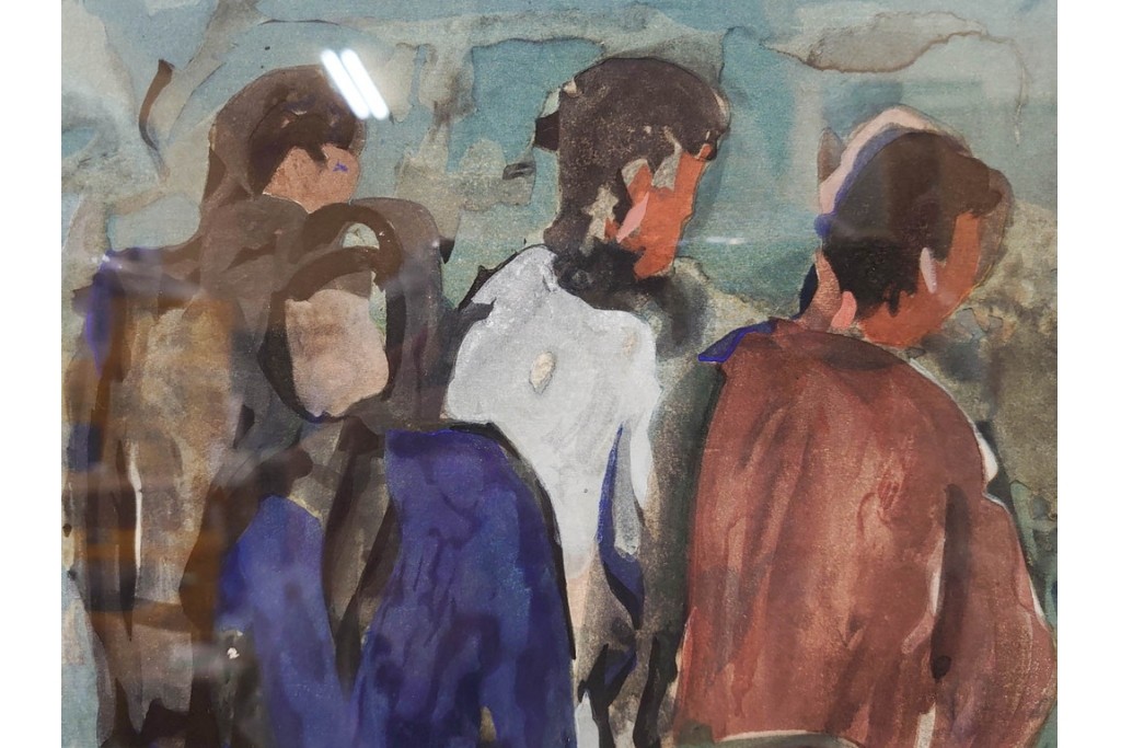 真作　林重義　水彩画　「海辺の人々」　外箱付き　(R-086378)