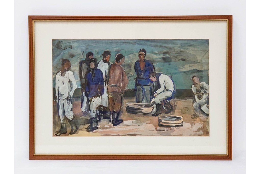 真作　林重義　水彩画　「海辺の人々」　外箱付き　(R-086378)