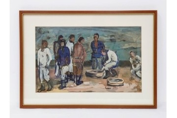 真作　林重義　水彩画　「海辺の人々」　外箱付き　(R-086378)