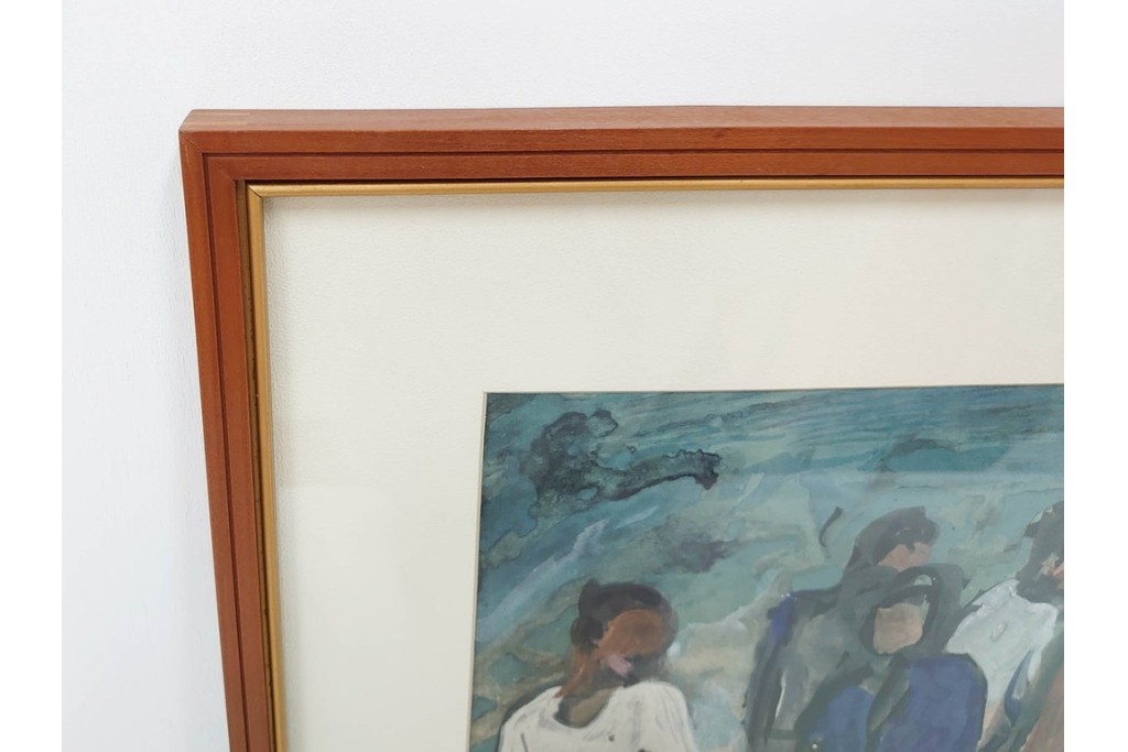 真作　林重義　水彩画　「海辺の人々」　外箱付き　(R-086378)