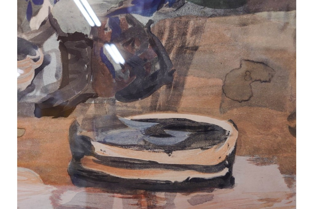 真作　林重義　水彩画　「海辺の人々」　外箱付き　(R-086378)