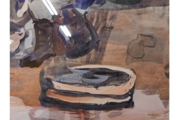 真作　林重義　水彩画　「海辺の人々」　外箱付き　(R-086378)