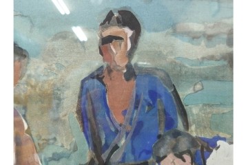 真作　林重義　水彩画　「海辺の人々」　外箱付き　(R-086378)