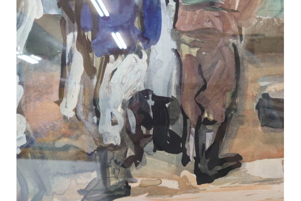 真作　林重義　水彩画　「海辺の人々」　外箱付き　(R-086378)