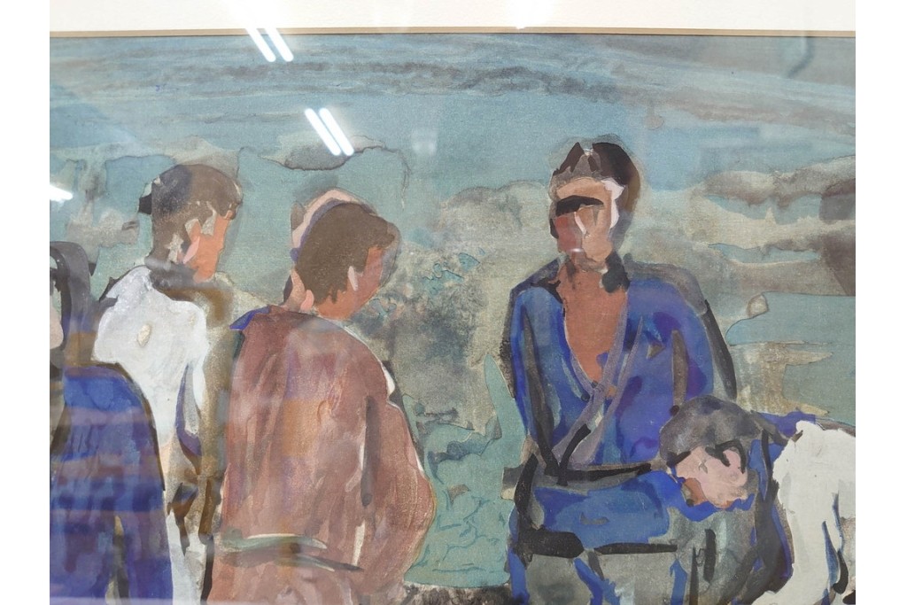 真作　林重義　水彩画　「海辺の人々」　外箱付き　(R-086378)