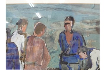 真作　林重義　水彩画　「海辺の人々」　外箱付き　(R-086378)