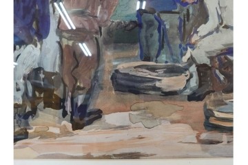 真作　林重義　水彩画　「海辺の人々」　外箱付き　(R-086378)