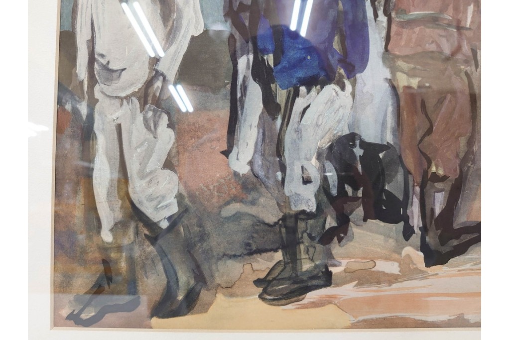 真作　林重義　水彩画　「海辺の人々」　外箱付き　(R-086378)