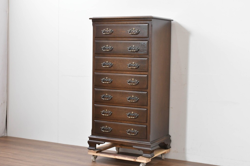 中古　超美品　使用感ほぼなし　横浜クラシック家具　ノックオンウッド(knockonwood)　クラシカルな引手金具のトールチェスト　定価約28万円　(R-086386)