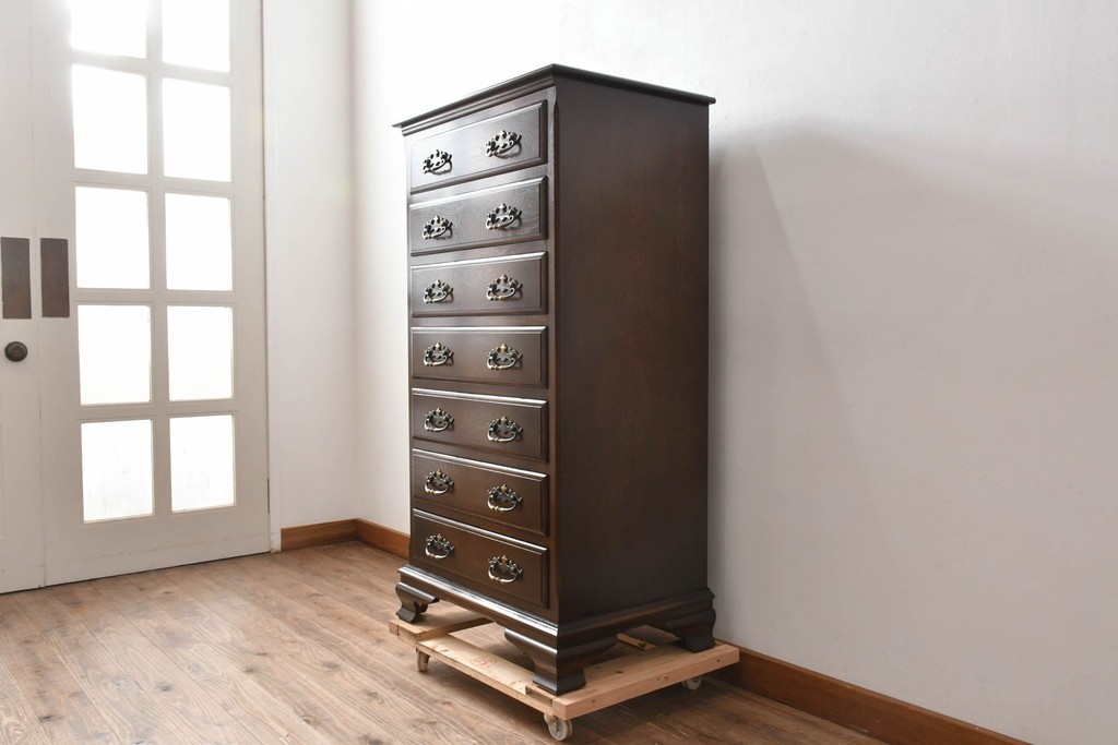 中古　超美品　使用感ほぼなし　横浜クラシック家具　ノックオンウッド(knockonwood)　クラシカルな引手金具のトールチェスト　定価約28万円　(R-086386)