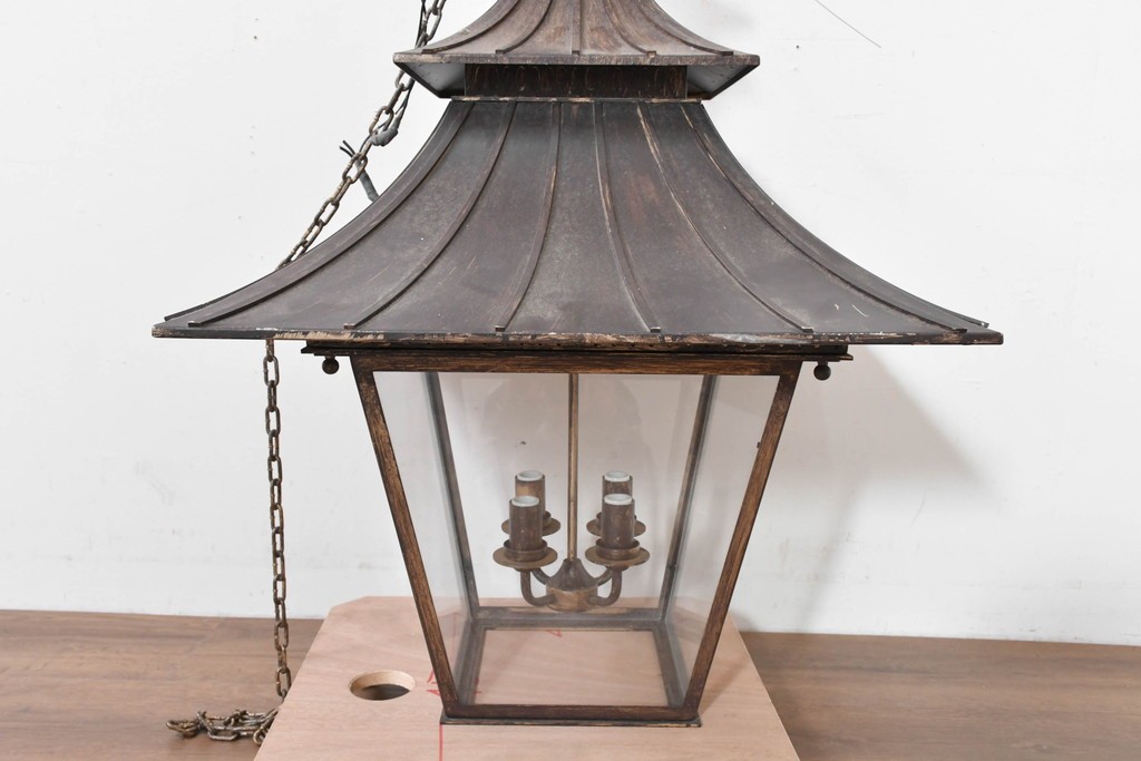 中古　特大サイズ　アンティーク調　異国情緒が漂うパゴダ型の吊り下げ照明　(R-086395)