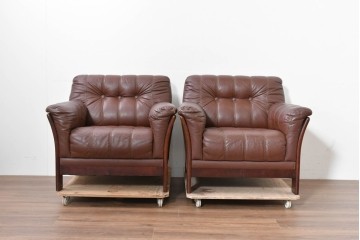 和製ヴィンテージ　maruni(マルニ木工)　希少　オールドマルニ　ボタン留めキルティングが上品な本革1Pソファ2脚セット　(R-086397)