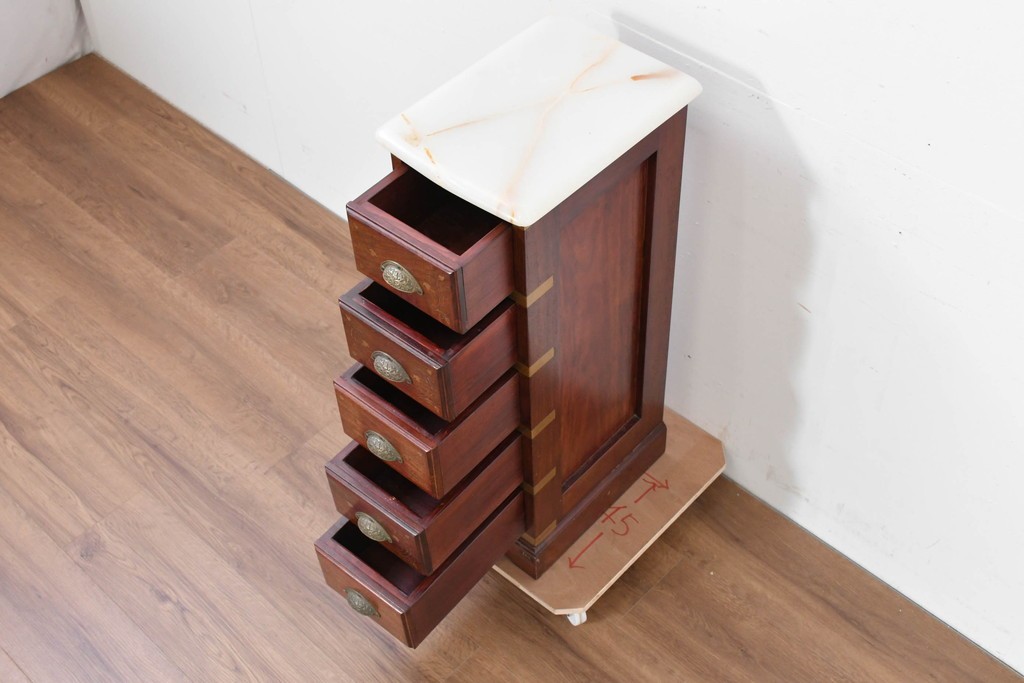 和製ヴィンテージ　希少な廃番品　吉川商事(D&A YOSHIKAWA)　天板大理石　可愛らしい象嵌入りのサイドチェスト　(R-086416)