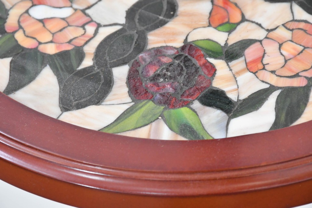 中古　テーブル付き　ローズのモチーフが華やかなステンドグラスのフロアスタンド　(R-086417)