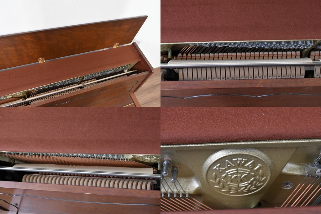中古　美品　KAWAI(河合楽器製作所)　C-113N　樺材　曲線的な脚部と装飾が上品なアップライトピアノとスツールのセット　(R-086421)