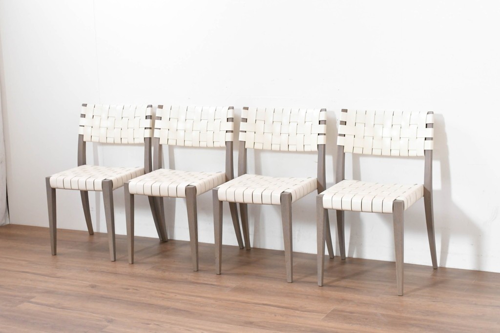 中古　arflex(アルフレックス)　TINA 10(ティナ)　白革テープを編み込んだアームレスチェア4脚セット　定価(4脚合計)約85万3千円　(R-086424)