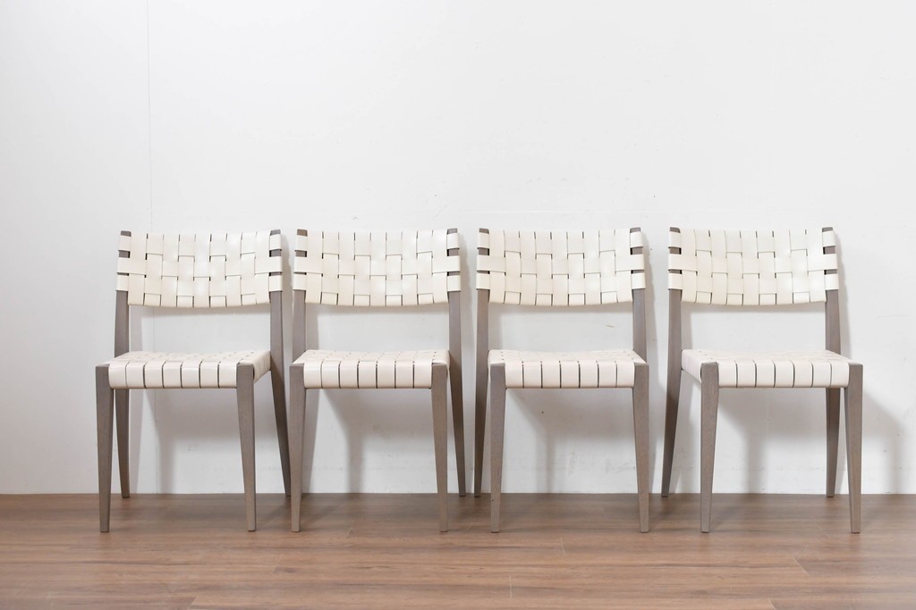 中古　arflex(アルフレックス)　TINA 10(ティナ)　白革テープを編み込んだアームレスチェア4脚セット　定価(4脚合計)約85万3千円　(R-086424)