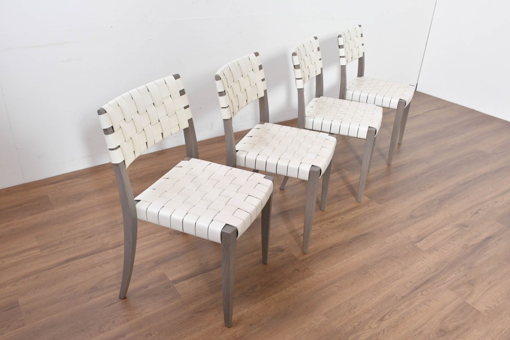 中古　arflex(アルフレックス)　TINA 10(ティナ)　白革テープを編み込んだアームレスチェア4脚セット　定価(4脚合計)約85万3千円　(R-086424)