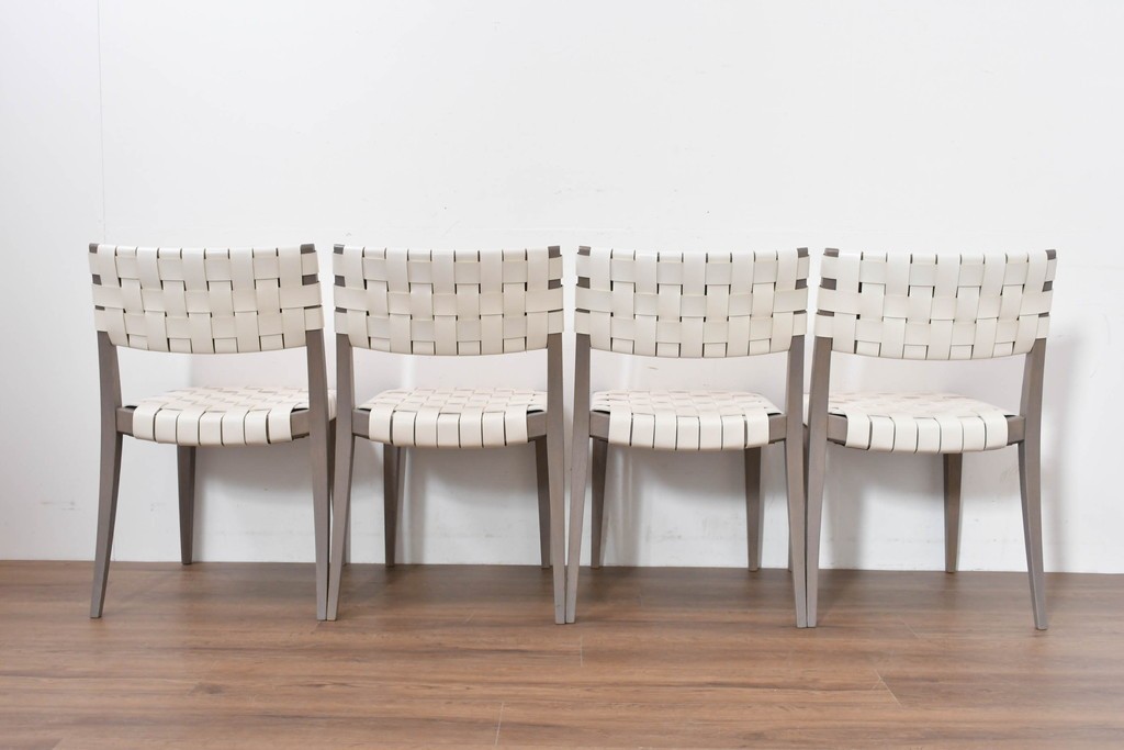 中古　arflex(アルフレックス)　TINA 10(ティナ)　白革テープを編み込んだアームレスチェア4脚セット　定価(4脚合計)約85万3千円　(R-086424)