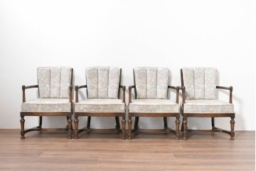 中古　職人手作り品　ノックオンウッド(knockonwood)　ナラ材　花柄ファブリックが上品なアームチェア4脚セット　定価(4脚合計)約60万円　(R-086429)