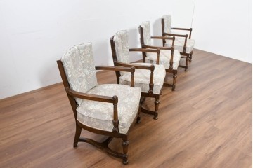 中古　職人手作り品　ノックオンウッド(knockonwood)　ナラ材　花柄ファブリックが上品なアームチェア4脚セット　定価(4脚合計)約60万円　(R-086429)