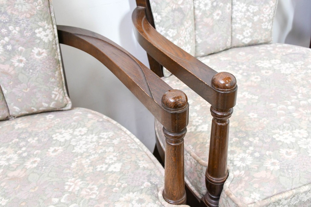 中古　職人手作り品　ノックオンウッド(knockonwood)　ナラ材　花柄ファブリックが上品なアームチェア4脚セット　定価(4脚合計)約60万円　(R-086429)