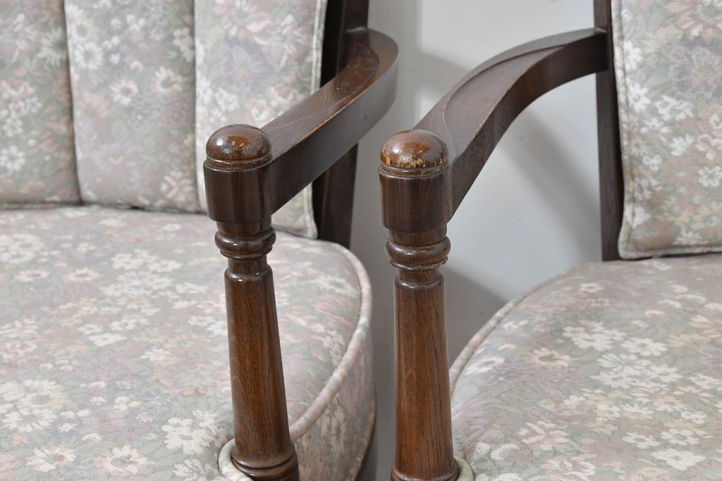 中古　職人手作り品　ノックオンウッド(knockonwood)　ナラ材　花柄ファブリックが上品なアームチェア4脚セット　定価(4脚合計)約60万円　(R-086429)