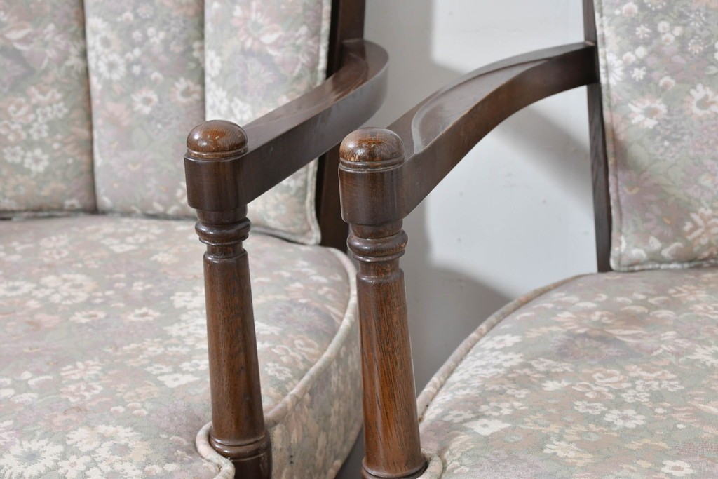 中古　職人手作り品　ノックオンウッド(knockonwood)　ナラ材　花柄ファブリックが上品なアームチェア4脚セット　定価(4脚合計)約60万円　(R-086429)