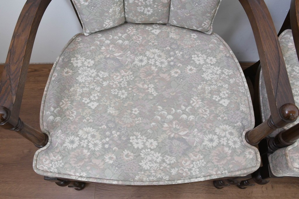 中古　職人手作り品　ノックオンウッド(knockonwood)　ナラ材　花柄ファブリックが上品なアームチェア4脚セット　定価(4脚合計)約60万円　(R-086429)