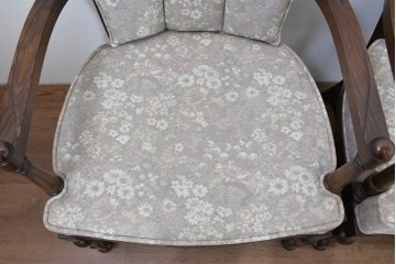 中古　職人手作り品　ノックオンウッド(knockonwood)　ナラ材　花柄ファブリックが上品なアームチェア4脚セット　定価(4脚合計)約60万円　(R-086429)