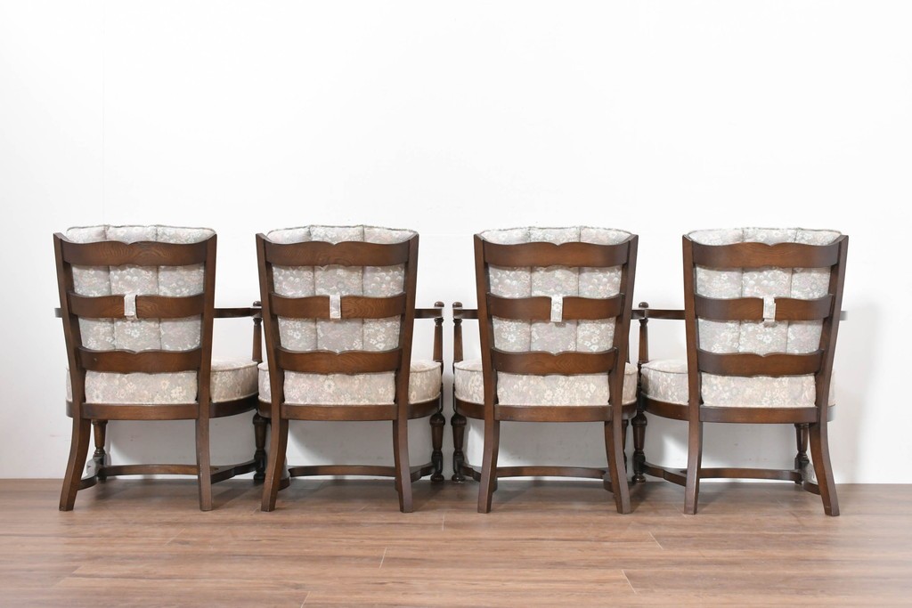 中古　職人手作り品　ノックオンウッド(knockonwood)　ナラ材　花柄ファブリックが上品なアームチェア4脚セット　定価(4脚合計)約60万円　(R-086429)