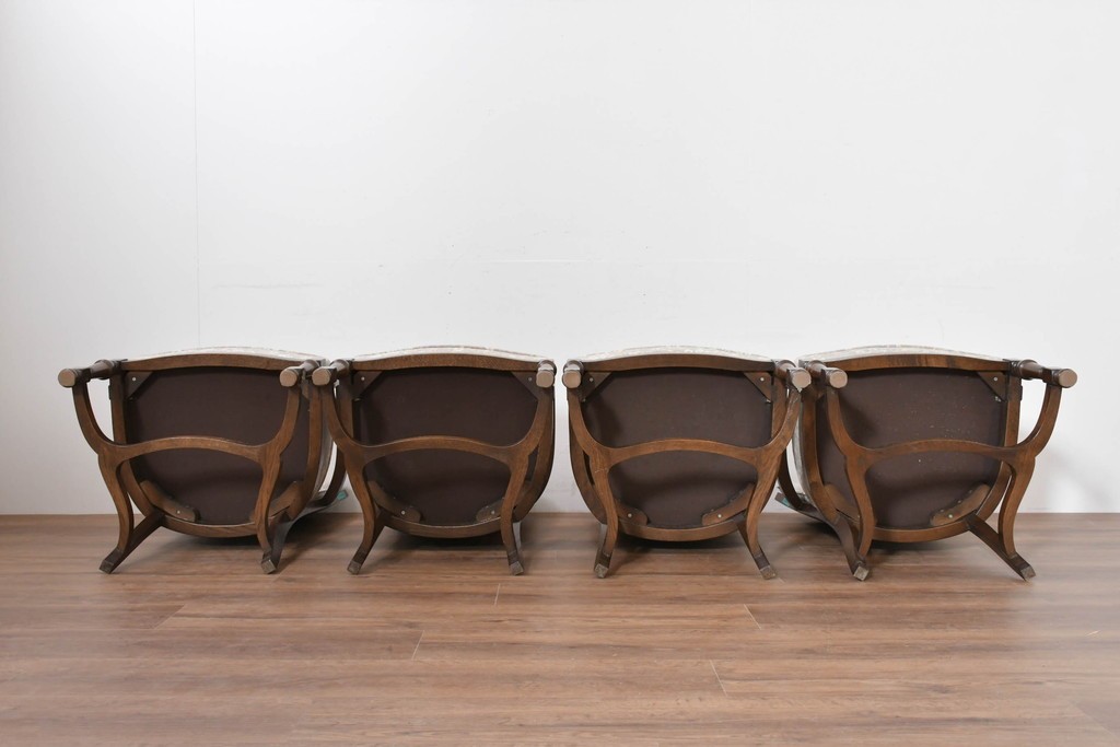 中古　職人手作り品　ノックオンウッド(knockonwood)　ナラ材　花柄ファブリックが上品なアームチェア4脚セット　定価(4脚合計)約60万円　(R-086429)